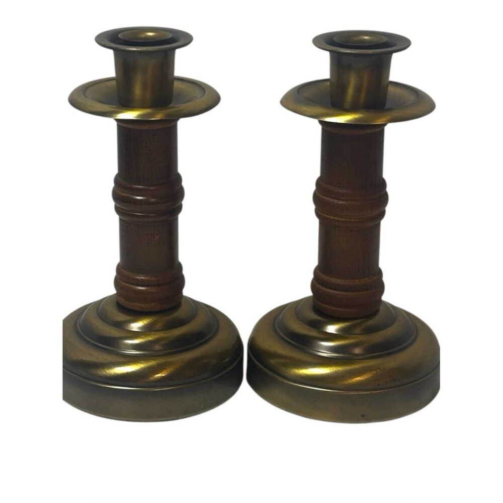 VTG HOMCO Antiqued Brass and Wood Candlesticks Pair Classic Mid Century Modern
